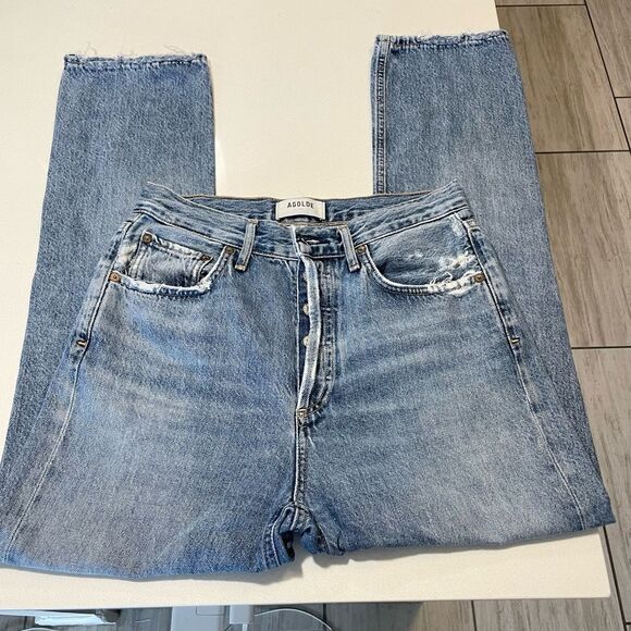 AGOLDE Riley Light Wash Distressed Straight Leg Button fly Jeans size 25.